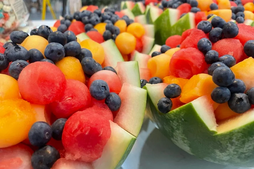 Fresh cut watermelon, cantaloupe and blueberries at Lapp's Farm Market in Lancaster PA