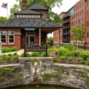 Lititz Welcome Center building and stone fountain at Lititz Springs Park in Lititz PA