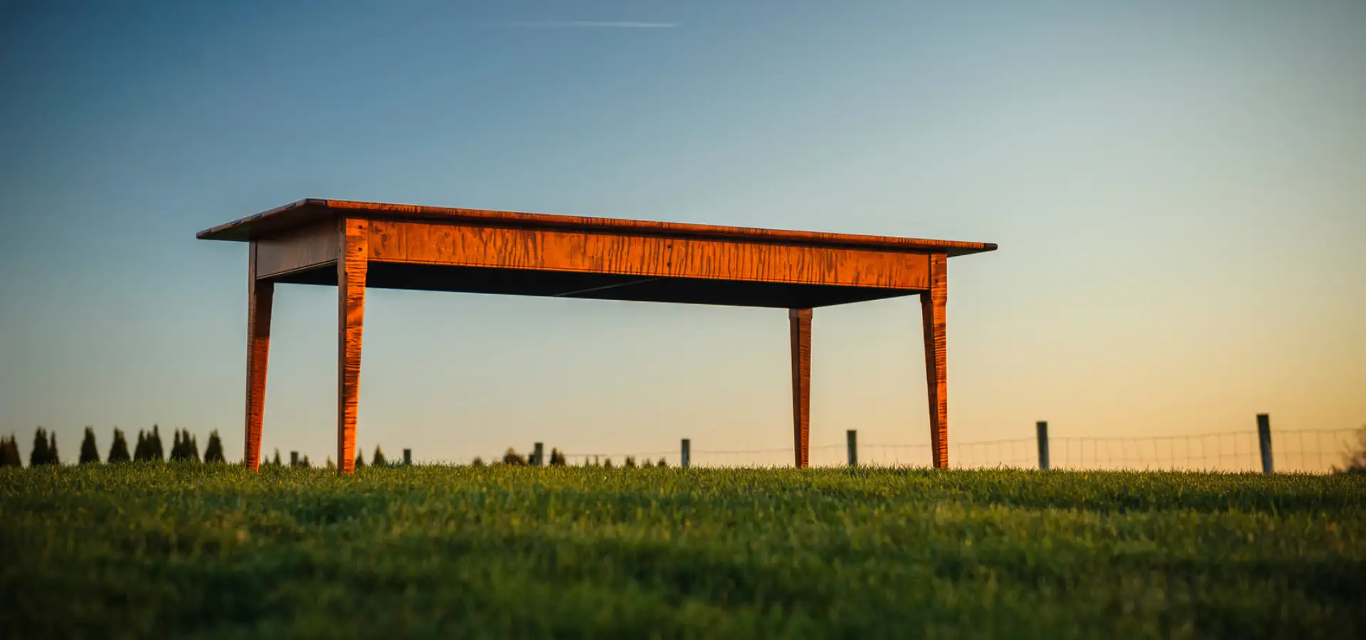 Handmade wooden farm table displayed outdoors in a grassy field at sunset in Lititz, PA