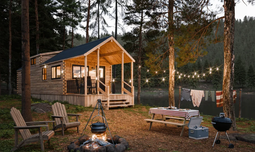 Log cabin with covered porch and string lights beside a campsite in the woods, Lancaster PA home builder