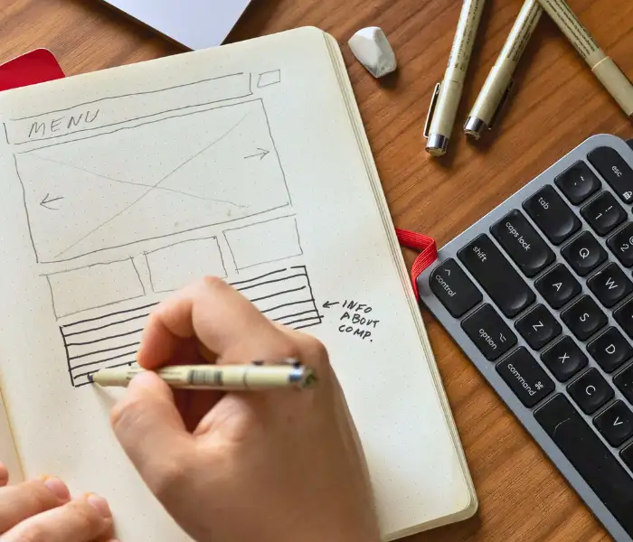 Hand sketching website wireframe in notebook for Gumption commercial services in Lancaster PA