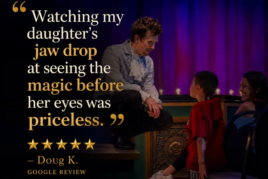 Magic and Wonder Dinner Theater five star Google review with magician performing for child in Lancaster PA