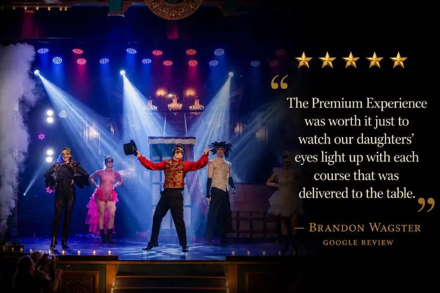 Magic and Wonder Dinner Theater five star Google review with costumed cast on stage in Paradise PA
