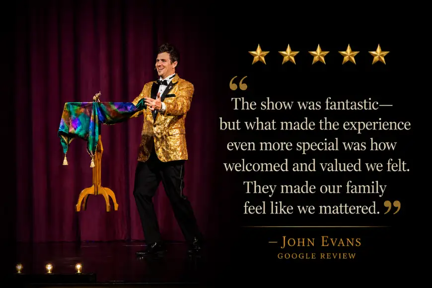 Magic and Wonder Dinner Theater five star Google review with magician in gold jacket performing silk trick in Paradise PA