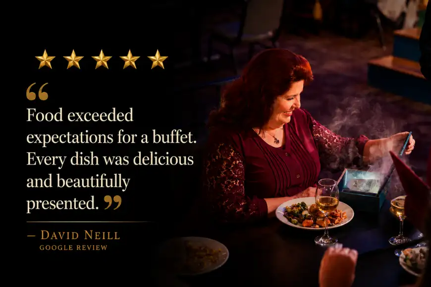 Magic and Wonder Dinner Theater five star Google review guest enjoying buffet with magic box smoke effect in Lancaster PA