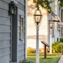 Historic street lamps and homes along a sidewalk near Manheim Historical Society in Manheim PA