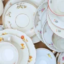 Vintage floral china plates and teacups at Roots shop in Manheim PA