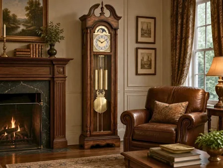 Grandfather clock with brass pendulum in a living room with a leather armchair and fireplace