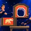 Circus themed performers with magic illusion box at Magic and Wonder in Paradise PA