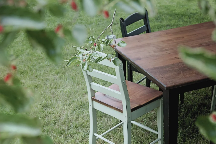 Peaceful Valley Furniture wood table and painted chairs outdoors among tree branches, Lancaster County handcrafted furniture