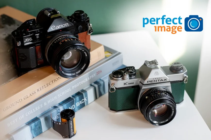 Vintage Canon and Pentax film cameras with 35mm film roll at Perfect Image photo lab in Lancaster, Pennsylvania