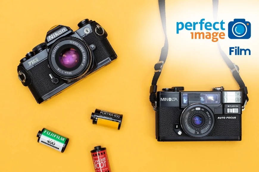 Nikon and Minolta film cameras with 35mm film rolls for developing at Perfect Image in Lancaster, Pennsylvania