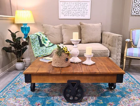 Re-Uzit Shop of New Holland industrial coffee table styled with sofa and decor, Lancaster County thrift store