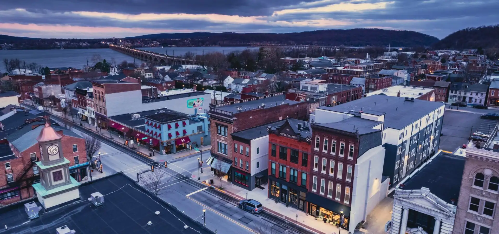 Aerial view of downtown Columbia, Lancaster County PA at dusk