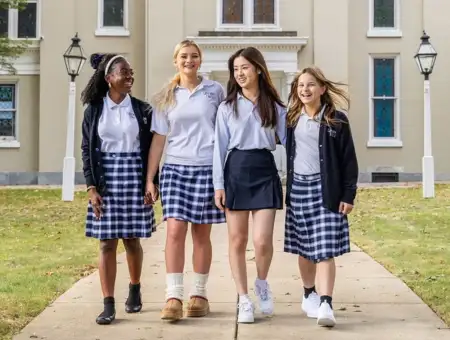 Linden Hall students in uniform walking on campus in Lancaster PA