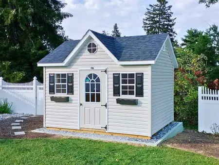 EZ Storage Barns custom vinyl shed with double doors and shutters in Lancaster PA
