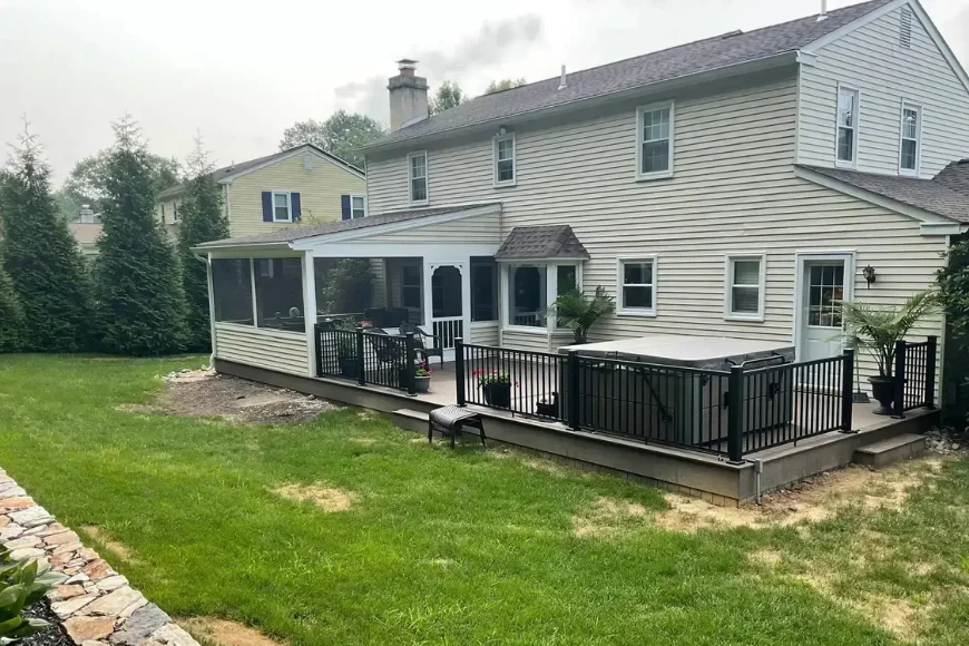 Screened porch and deck with hot tub by Skyline Exteriors, Lancaster PA