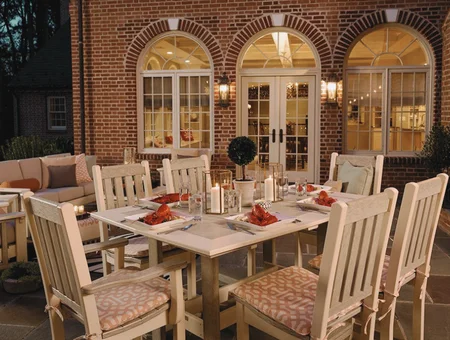 Snyder's Furniture patio table and chairs set for dinner outside brick house, Lancaster PA outdoor furniture