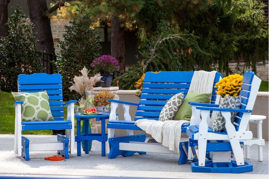 Snyder's Furniture blue and white patio chairs and bench styled outdoors, Lancaster PA outdoor furniture
