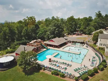 Refreshing Mountain aerial view of community pool and pavilion in Lancaster PA