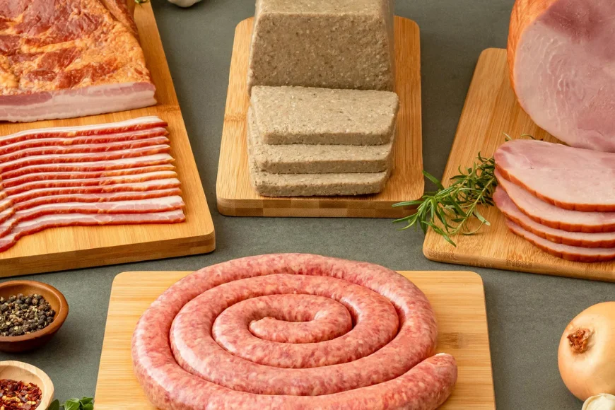Stoltzfus Meats and Deli bacon, ham, scrapple, and sausage displayed on cutting boards, Pennsylvania Dutch smoked meats