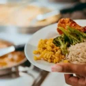 Buffet plate with chicken, corn, broccoli and rice at Hershey Farm Restaurant in Strasburg PA