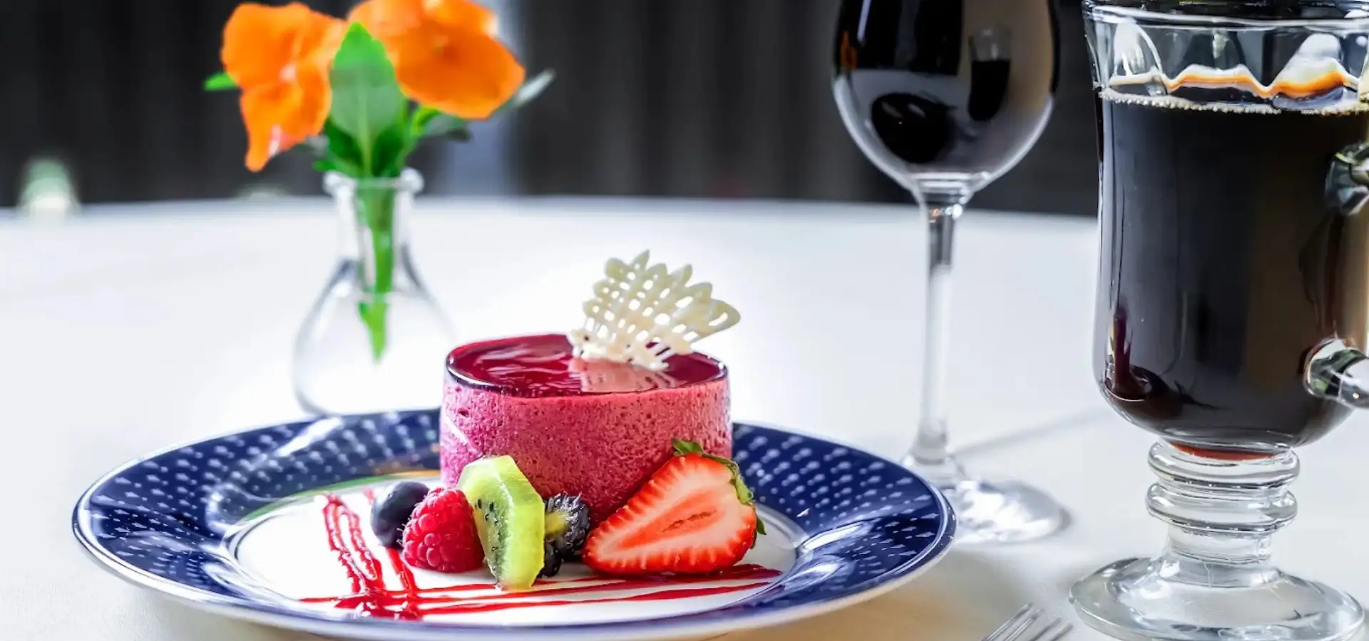 Berry mousse dessert with fresh fruit at Greenfield Restaurant in Lancaster PA