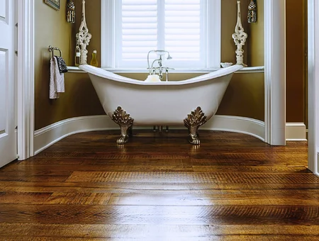 Sylvan Brandt reclaimed wood floor in bathroom with clawfoot tub, antique flooring Lancaster PA