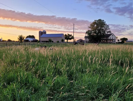 Verdant View Farm at sunset with silos, farmhouse, and open field, Lancaster County farm bed and breakfast