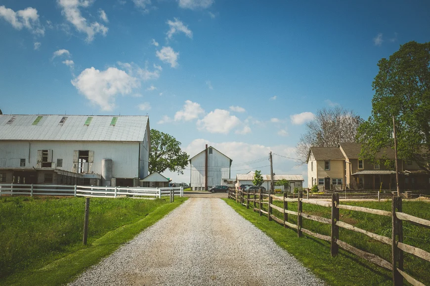 Verdant View Farm gravel driveway lined with fencing leading to barn and farmhouse, Lancaster County farm