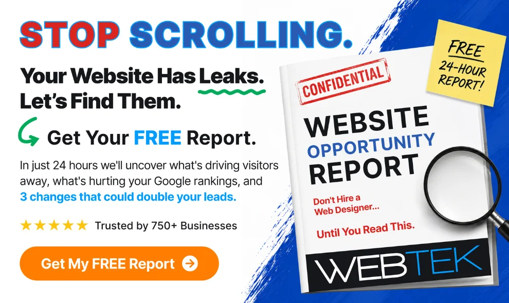 Advertisement for WebTek free 24 hour website opportunity report with stop scrolling headline