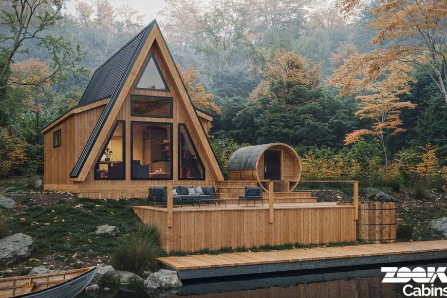 A frame cabin with barrel sauna by a lake from Zook Cabins, built by hand in the USA