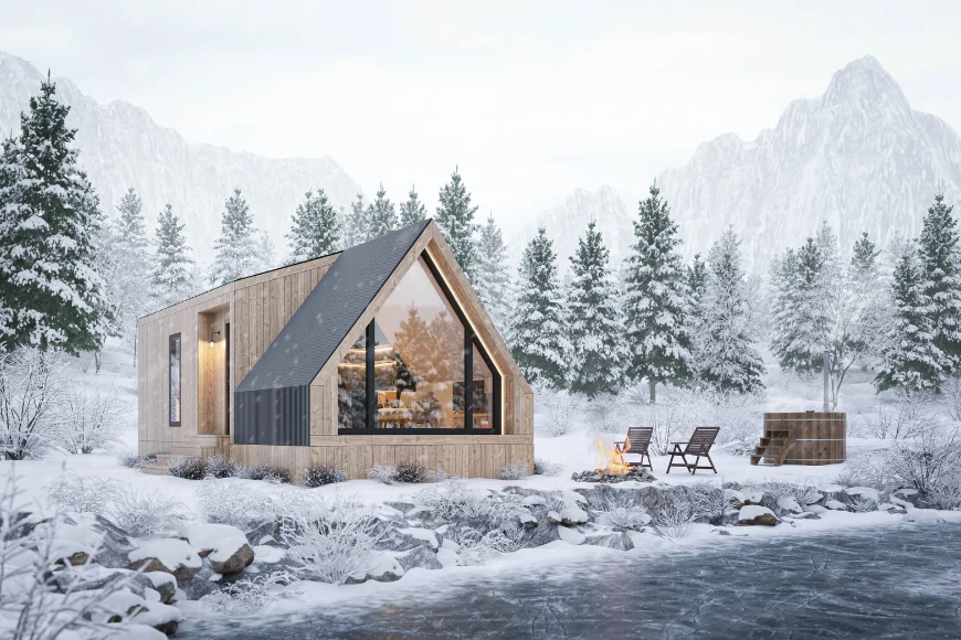 A frame cabin with fire pit and hot tub in a snowy mountain setting from Zook Cabins