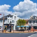 Historic downtown Elizabethtown PA street with clock tower and outdoor cafe