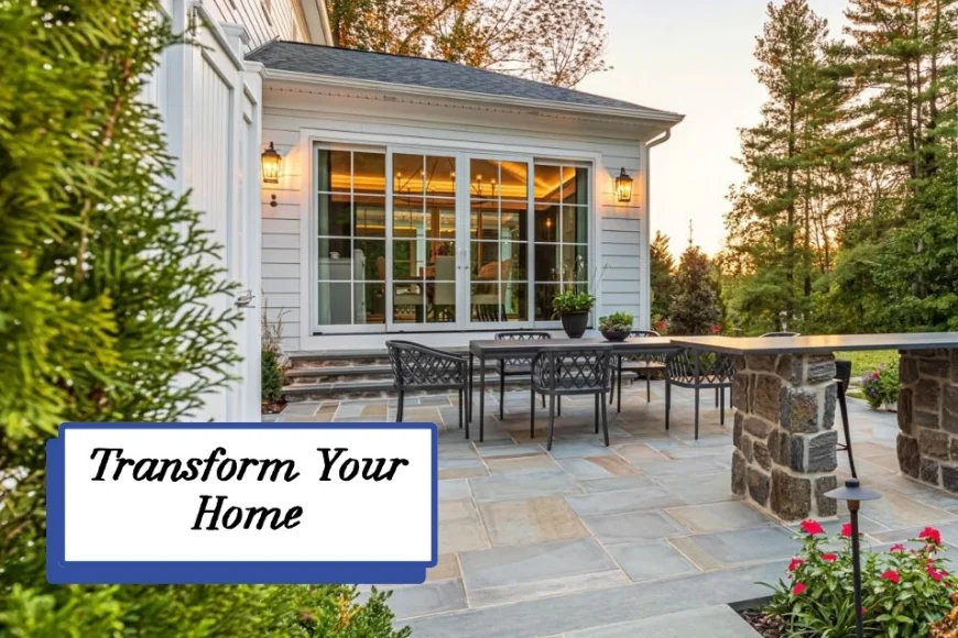 Stone patio with dining table at dusk by Kauffman Exteriors Lancaster PA