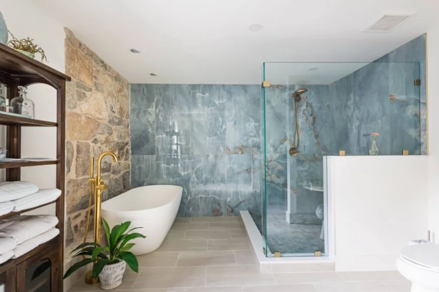Spa bathroom with soaking tub and marble glass shower by Smucker Brothers Construction Lancaster PA